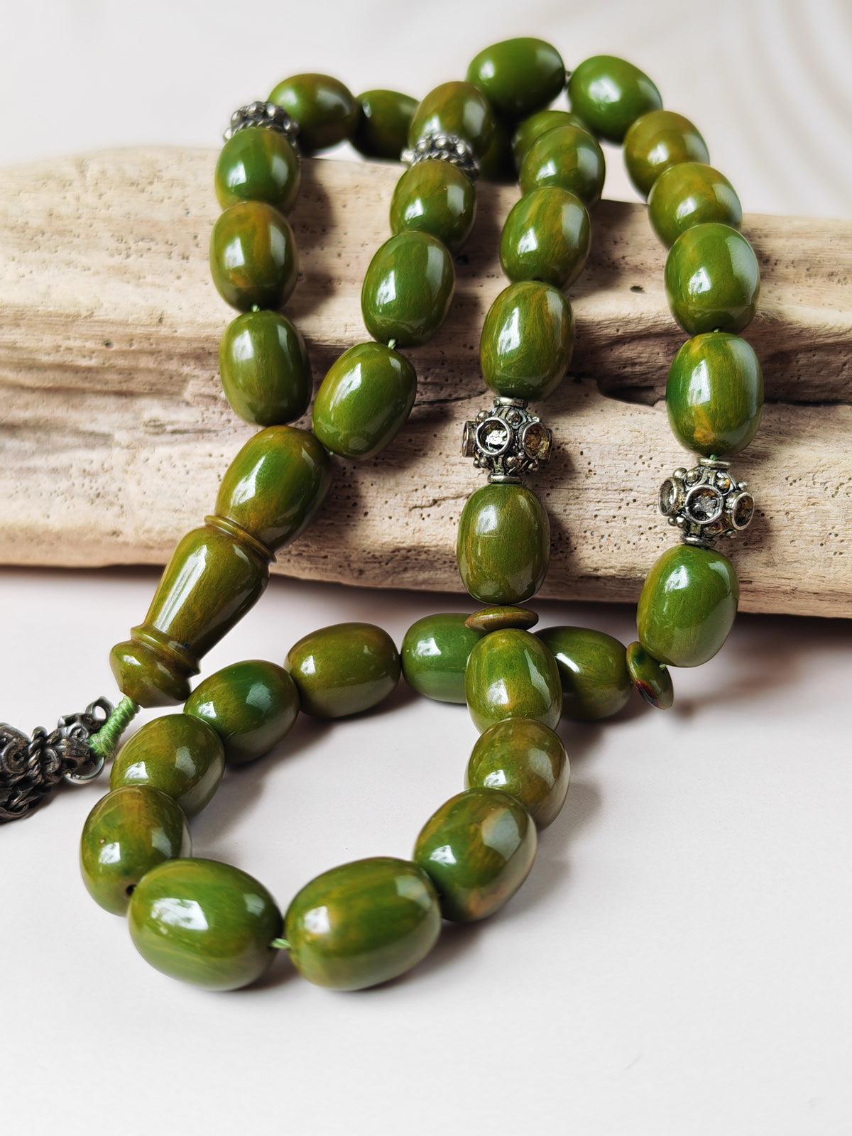 Vintage Green Mango Bakelite Misbah – Barrel Beads, Dark Green Veins, Antique Silver Fringe