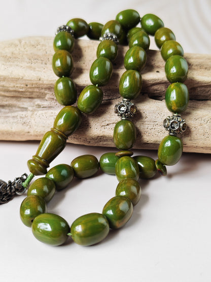 Vintage Green Mango Bakelite Misbah – Barrel Beads, Dark Green Veins, Antique Silver Fringe