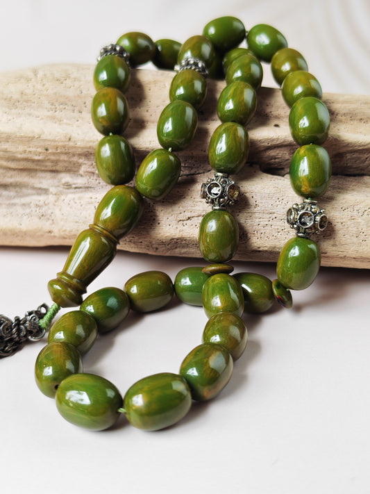 Vintage Green Mango Bakelite Misbah – Barrel Beads, Dark Green Veins, Antique Silver Fringe