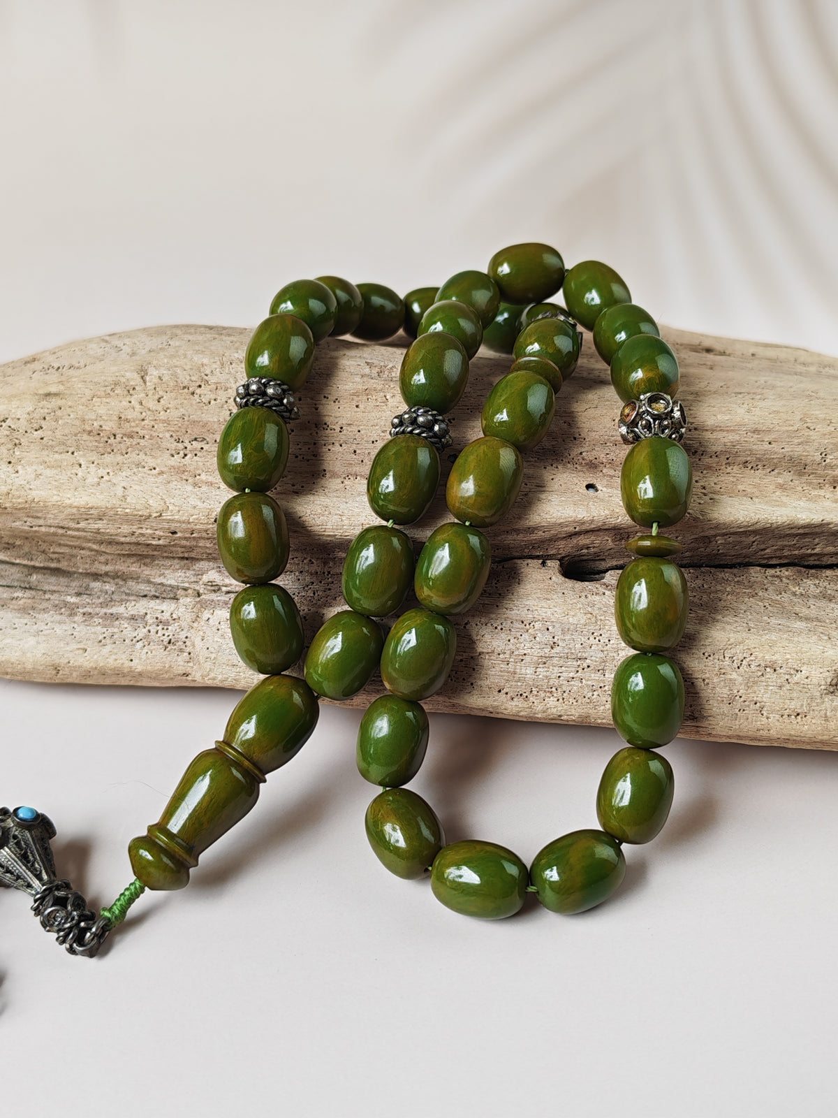 Vintage Green Mango Bakelite Misbah – Barrel Beads, Dark Green Veins, Antique Silver Fringe