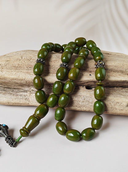 Vintage Green Mango Bakelite Misbah – Barrel Beads, Dark Green Veins, Antique Silver Fringe