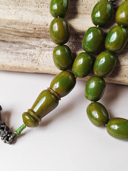 Vintage Green Mango Bakelite Misbah – Barrel Beads, Dark Green Veins, Antique Silver Fringe