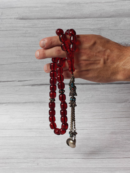 German Bakelite Rosary – 33 Jumbo Barrel Beads | Pomegranate Red Color