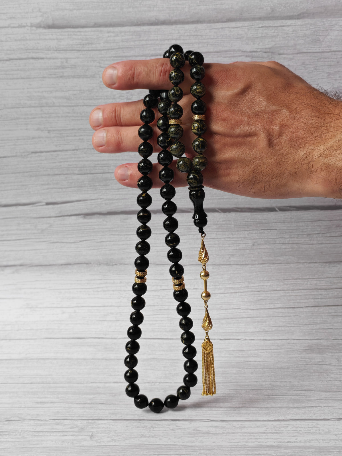 Rare Collectible American Bakelite Tasbih – 63 Istanbul Beads | Black With Aged White Veins