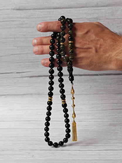 Rare Collectible American Bakelite Tasbih – 63 Istanbul Beads | Black With Aged White Veins