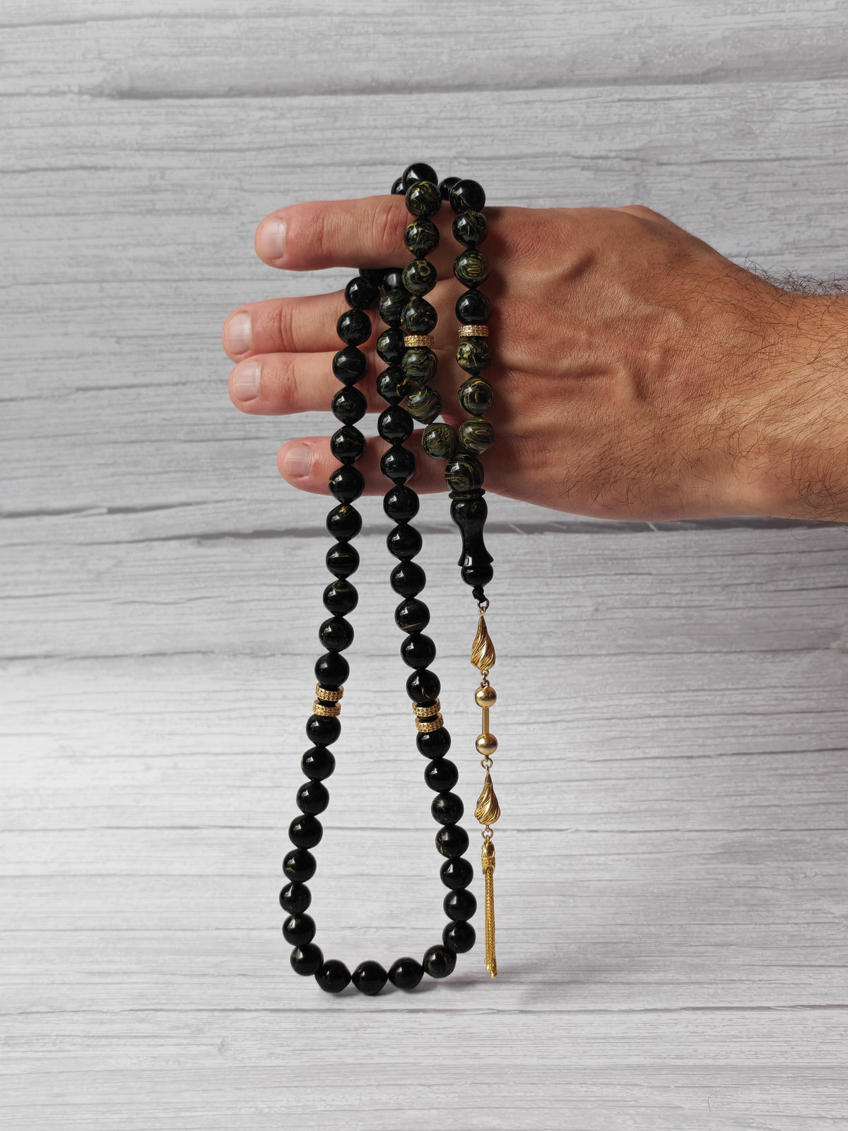 Rare Collectible American Bakelite Tasbih – 63 Istanbul Beads | Black With Aged White Veins