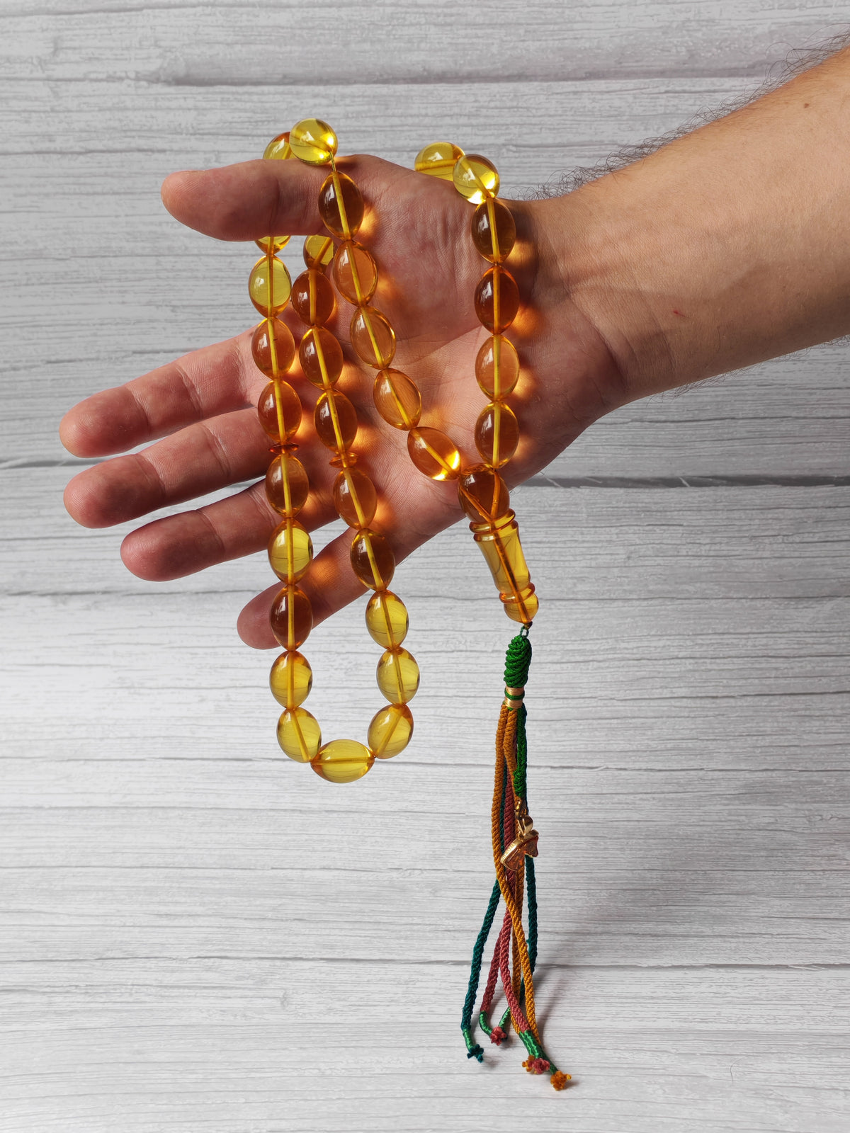 Large Natural Baltic Amber Rosary – 33 Olive Shape Beads | Transparent Citron Color
