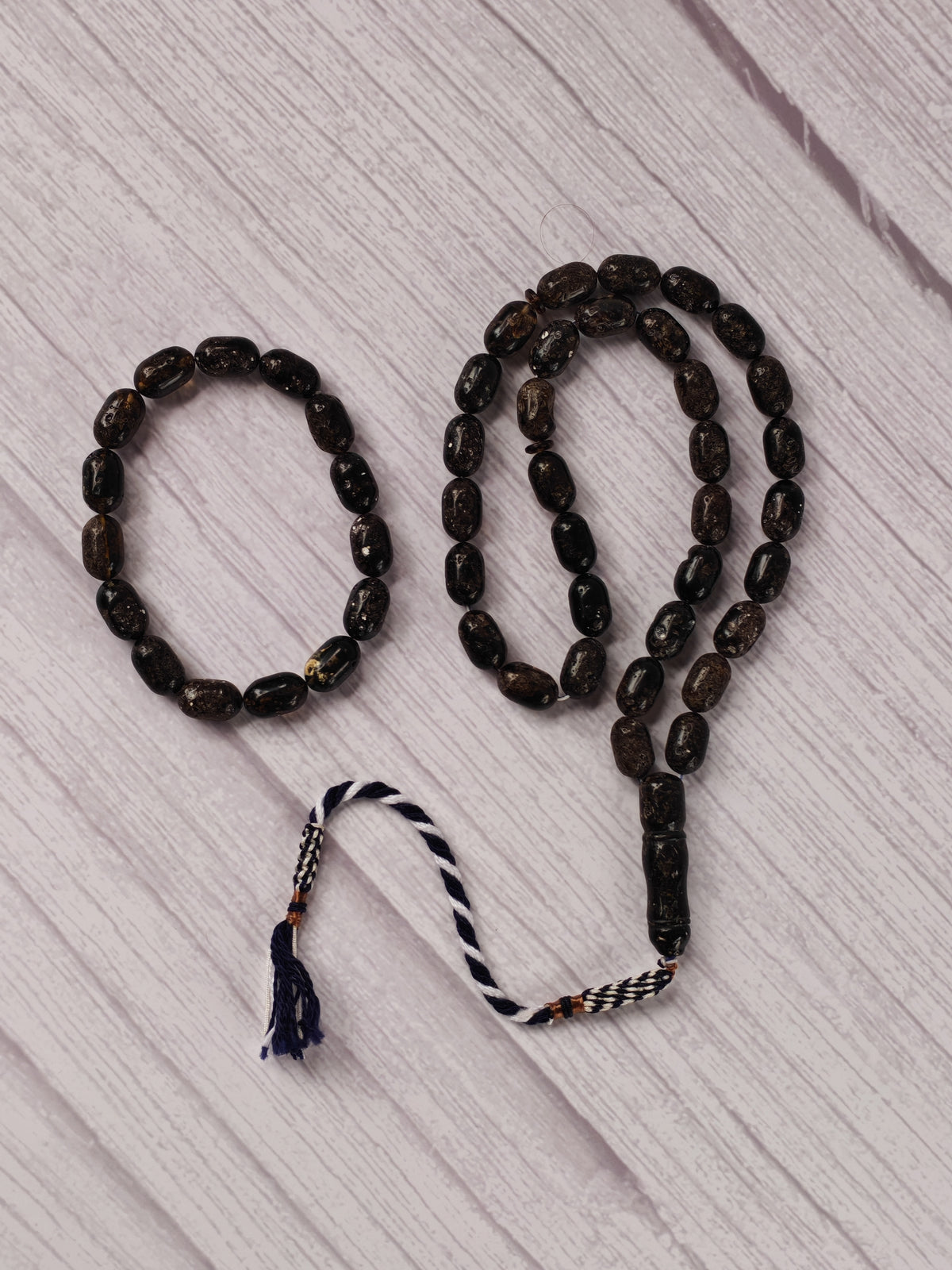 Black Raw Baltic Amber Set | 33 Barrel Bead Misbah + Bracelet | Natural Inclusions | Debris | 29.7 g