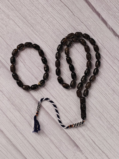 Black Raw Baltic Amber Set | 33 Barrel Bead Misbah + Bracelet | Natural Inclusions | Debris | 29.7 g