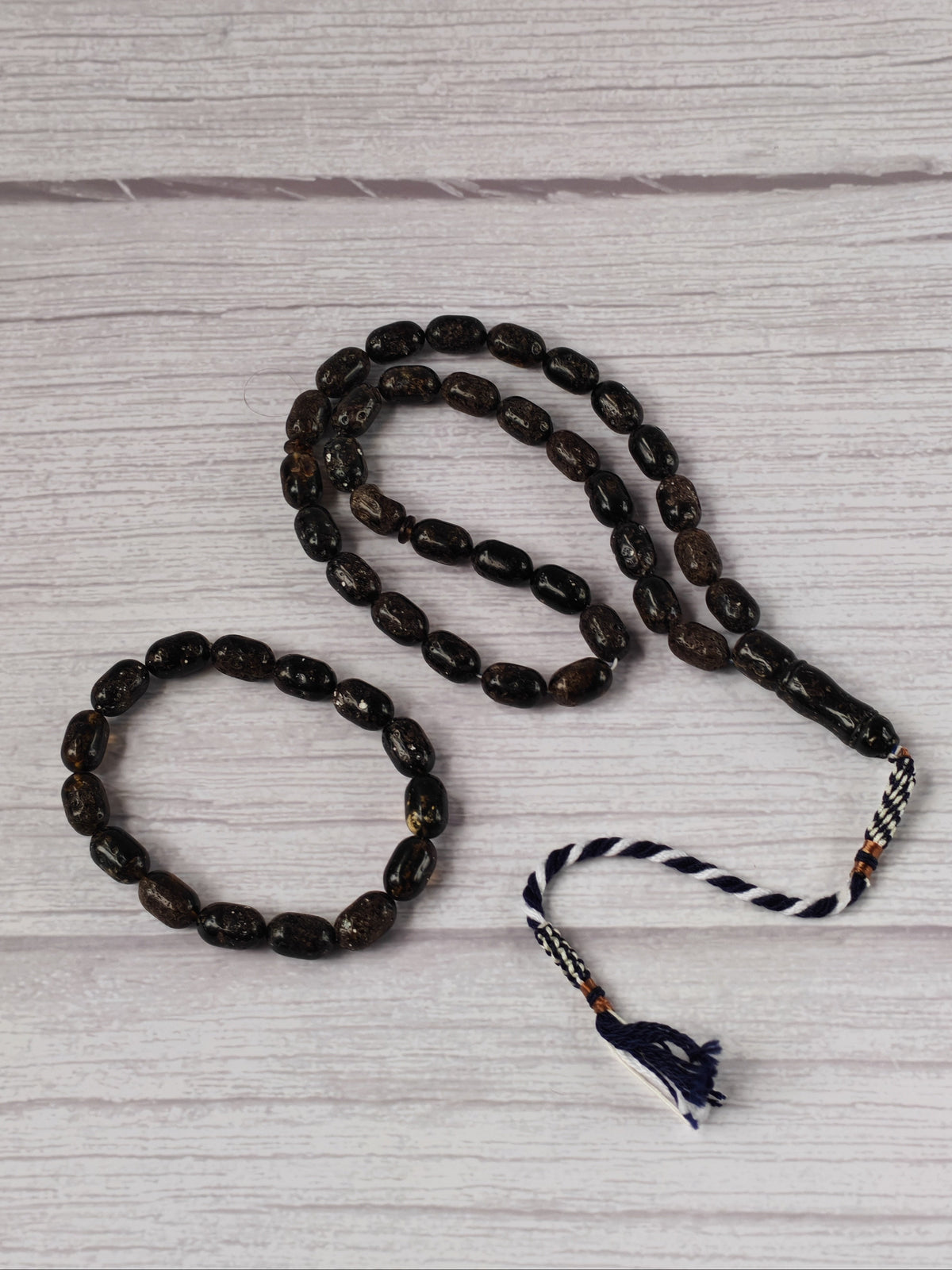 Black Raw Baltic Amber Set | 33 Barrel Bead Misbah + Bracelet | Natural Inclusions | Debris | 29.7 g
