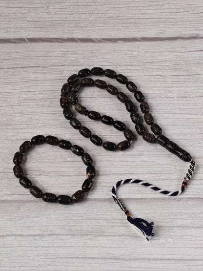 Black Raw Baltic Amber Set | 33 Barrel Bead Misbah + Bracelet | Natural Inclusions | Debris | 29.7 g