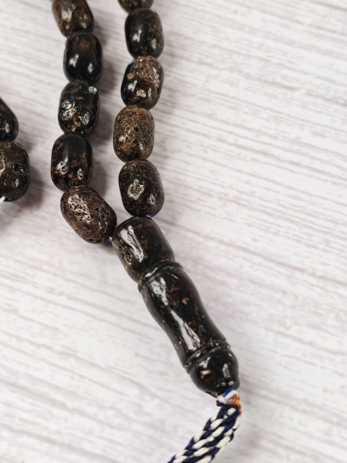 Black Raw Baltic Amber Set | 33 Barrel Bead Misbah + Bracelet | Natural Inclusions | Debris | 29.7 g