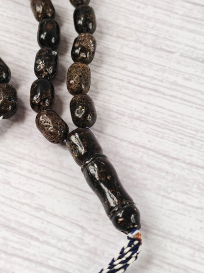 Black Raw Baltic Amber Set | 33 Barrel Bead Misbah + Bracelet | Natural Inclusions | Debris | 29.7 g