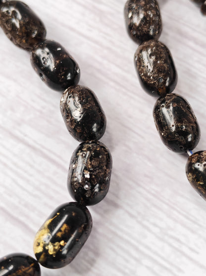 Black Raw Baltic Amber Set | 33 Barrel Bead Misbah + Bracelet | Natural Inclusions | Debris | 29.7 g