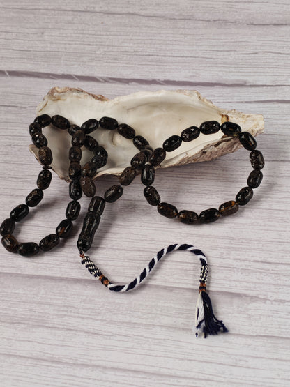 Black Raw Baltic Amber Set | 33 Barrel Bead Misbah + Bracelet | Natural Inclusions | Debris | 29.7 g