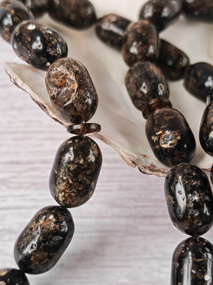 Black Raw Baltic Amber Set | 33 Barrel Bead Misbah + Bracelet | Natural Inclusions | Debris | 29.7 g