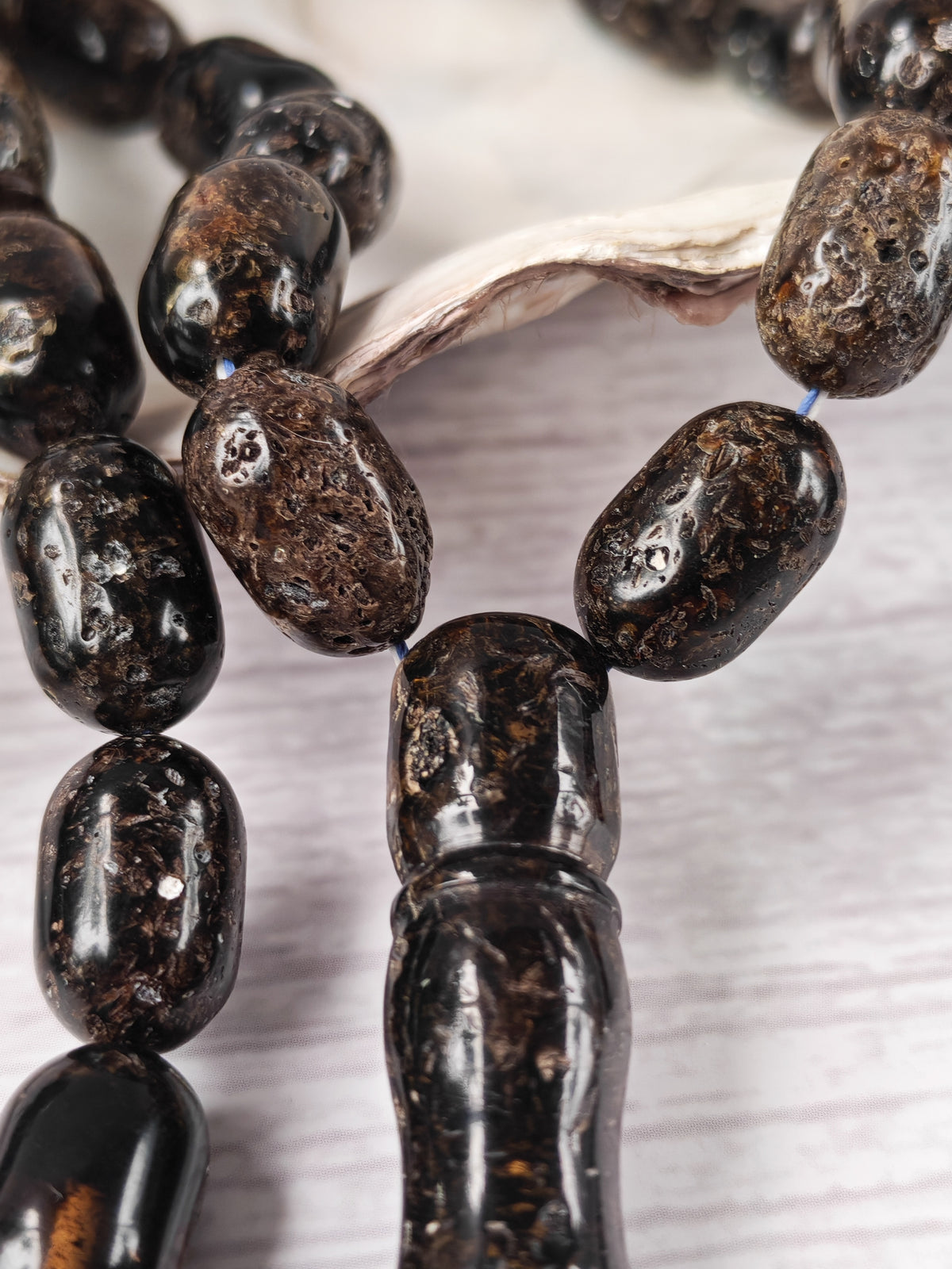 Black Raw Baltic Amber Set | 33 Barrel Bead Misbah + Bracelet | Natural Inclusions | Debris | 29.7 g