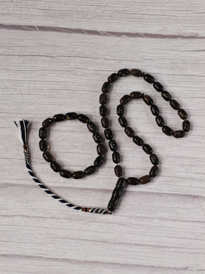 Black Raw Baltic Amber Set | 33 Barrel Bead Misbah + Bracelet | Natural Inclusions | Debris | 29.7 g