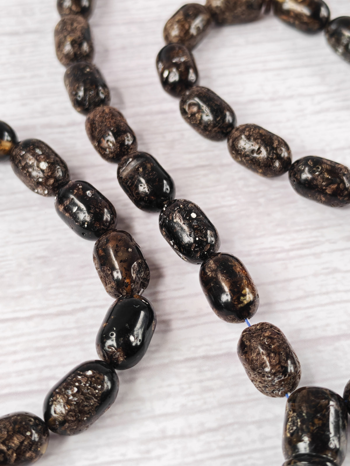 Black Raw Baltic Amber Set | 33 Barrel Bead Misbah + Bracelet | Natural Inclusions | Debris | 29.7 g