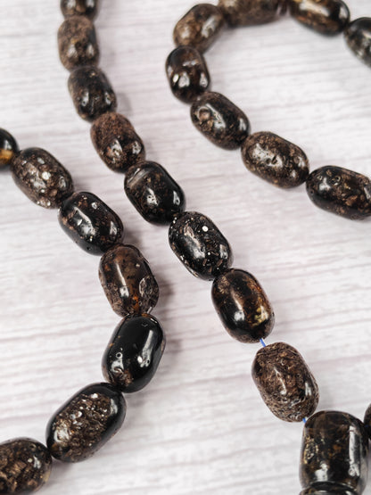 Black Raw Baltic Amber Set | 33 Barrel Bead Misbah + Bracelet | Natural Inclusions | Debris | 29.7 g
