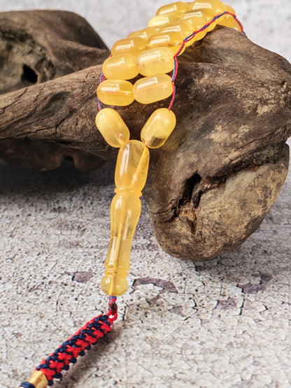 Aged Butterscotch & Honey Baltic Amber Tasbih | 50 Barrel Beads | Flat Design | 11.6 x 7mm | 22.3g