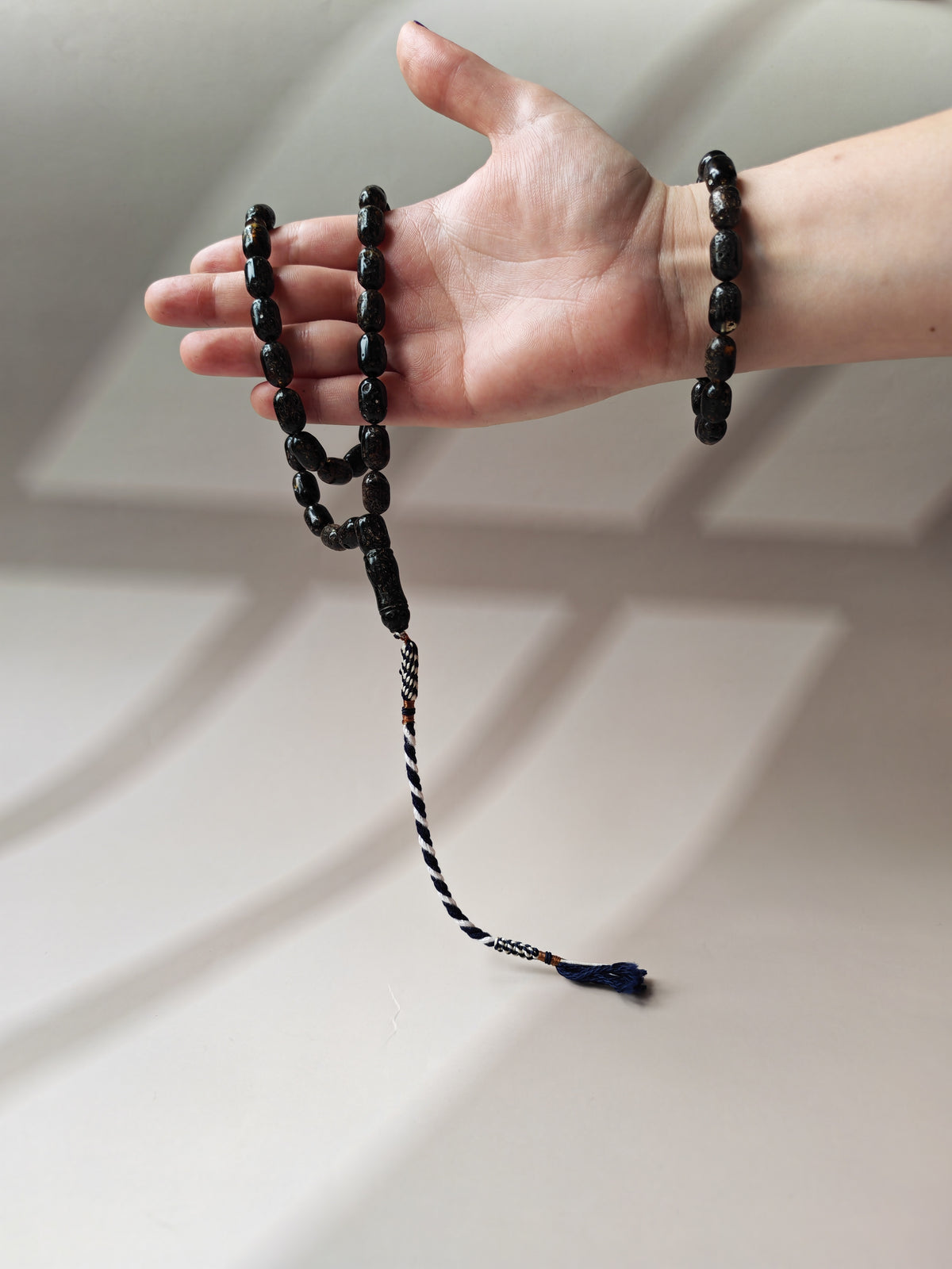 Black Raw Baltic Amber Set | 33 Barrel Bead Misbah + Bracelet | Natural Inclusions | Debris | 29.7 g