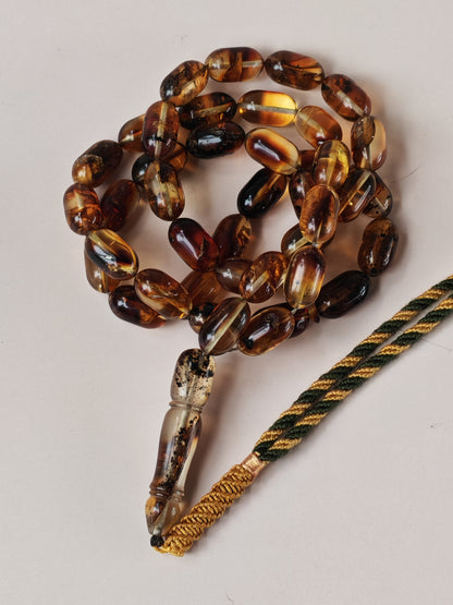 Raw Cognac Baltic Amber Misbah | 42 Capsule Beads | 16 x 9.1mm | Thick String | 37.3g