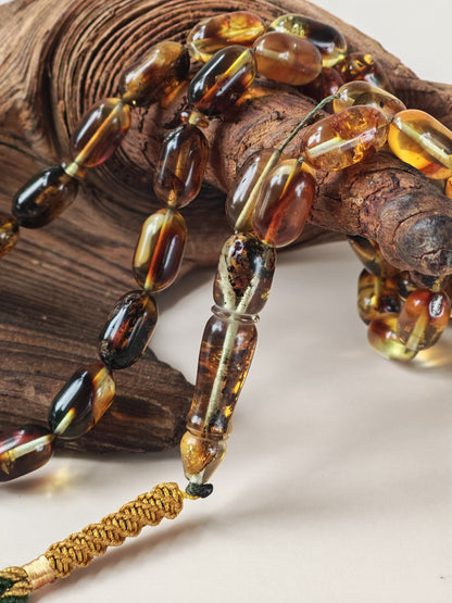 Raw Cognac Baltic Amber Misbah | 42 Capsule Beads | 16 x 9.1mm | Thick String | 37.3g