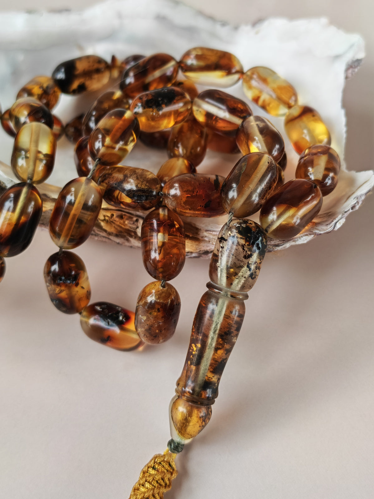 Raw Cognac Baltic Amber Misbah | 42 Capsule Beads | 16 x 9.1mm | Thick String | 37.3g