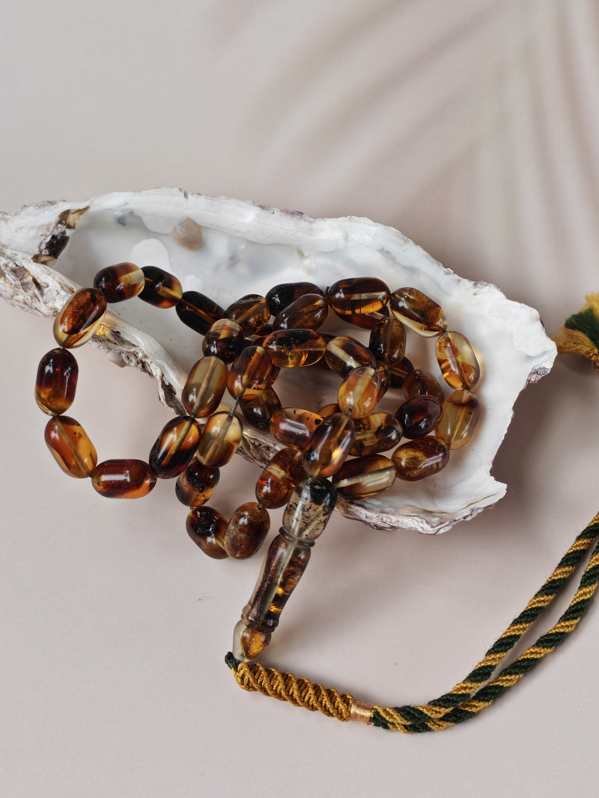 Raw Cognac Baltic Amber Misbah | 42 Capsule Beads | 16 x 9.1mm | Thick String | 37.3g