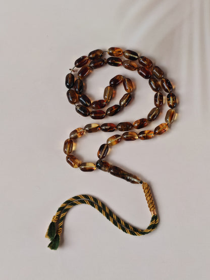 Raw Cognac Baltic Amber Misbah | 42 Capsule Beads | 16 x 9.1mm | Thick String | 37.3g