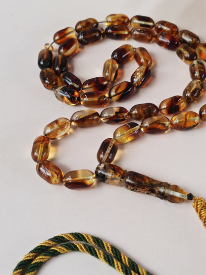 Raw Cognac Baltic Amber Misbah | 42 Capsule Beads | 16 x 9.1mm | Thick String | 37.3g