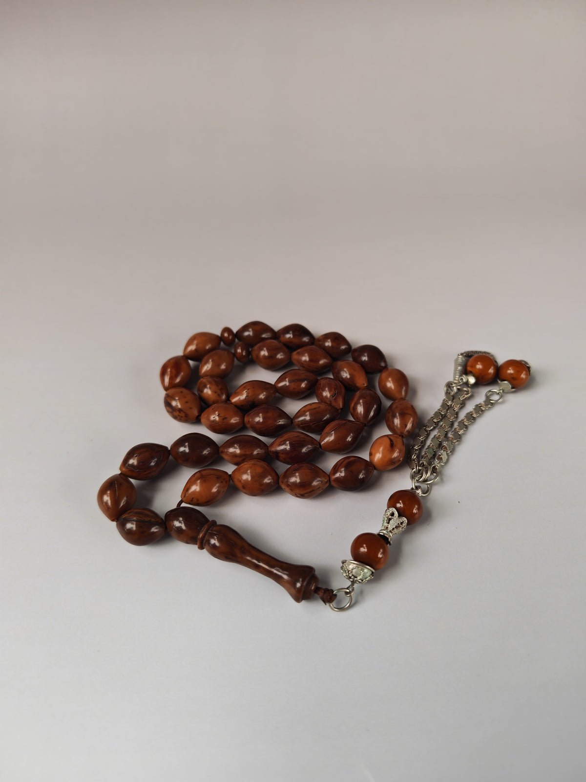 Antique Kokka Seed Wood Tasbih | 33 Olive Beads | Ottoman Egyptian | Silver Tassel | 33.3g