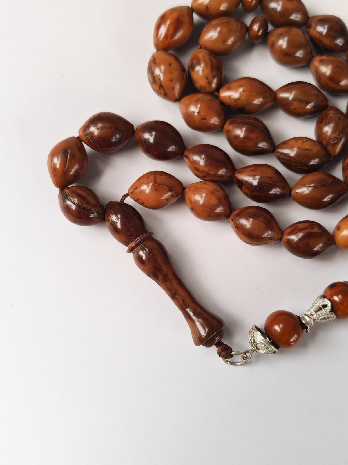 Antique Kokka Seed Wood Tasbih | 33 Olive Beads | Ottoman Egyptian | Silver Tassel | 33.3g