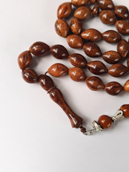 Antique Kokka Seed Wood Tasbih | 33 Olive Beads | Ottoman Egyptian | Silver Tassel | 33.3g