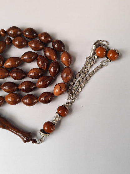 Antique Kokka Seed Wood Tasbih | 33 Olive Beads | Ottoman Egyptian | Silver Tassel | 33.3g