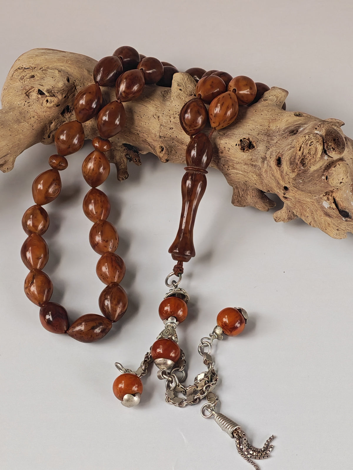 Antique Kokka Seed Wood Tasbih | 33 Olive Beads | Ottoman Egyptian | Silver Tassel | 33.3g