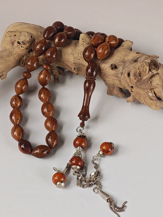 Antique Kokka Seed Wood Tasbih | 33 Olive Beads | Ottoman Egyptian | Silver Tassel | 33.3g