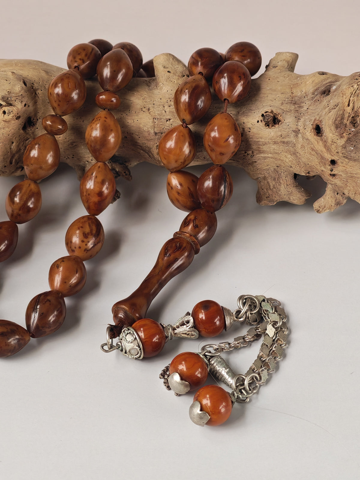 Antique Kokka Seed Wood Tasbih | 33 Olive Beads | Ottoman Egyptian | Silver Tassel | 33.3g