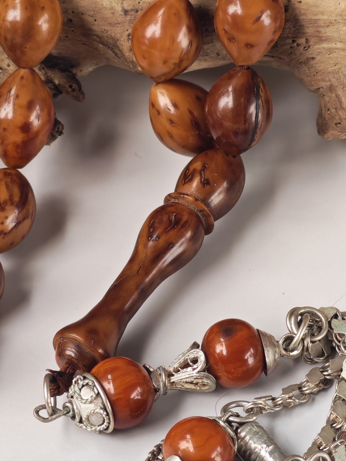 Antique Kokka Seed Wood Tasbih | 33 Olive Beads | Ottoman Egyptian | Silver Tassel | 33.3g