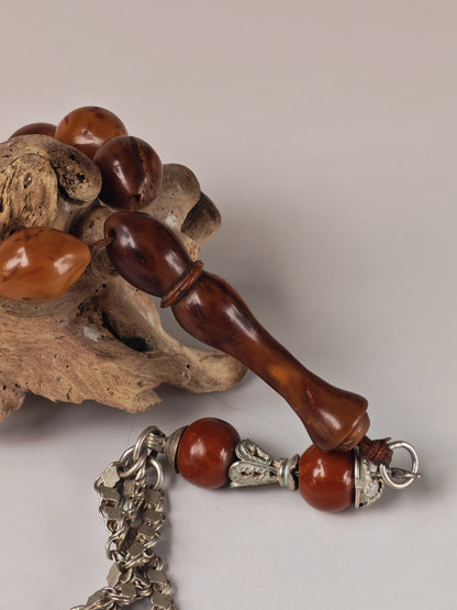 Antique Kokka Seed Wood Tasbih | 33 Olive Beads | Ottoman Egyptian | Silver Tassel | 33.3g