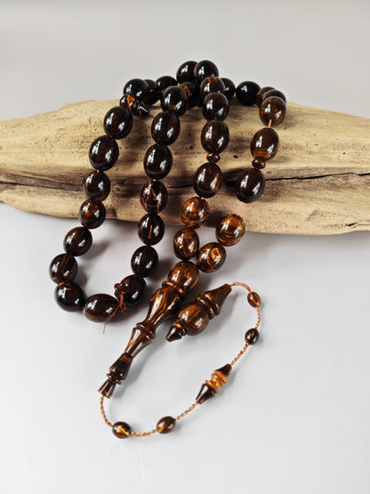 Rare American Bakelite Tasbih | 37 Pigeon Egg Beads | Chocolate Brown With Light Veins