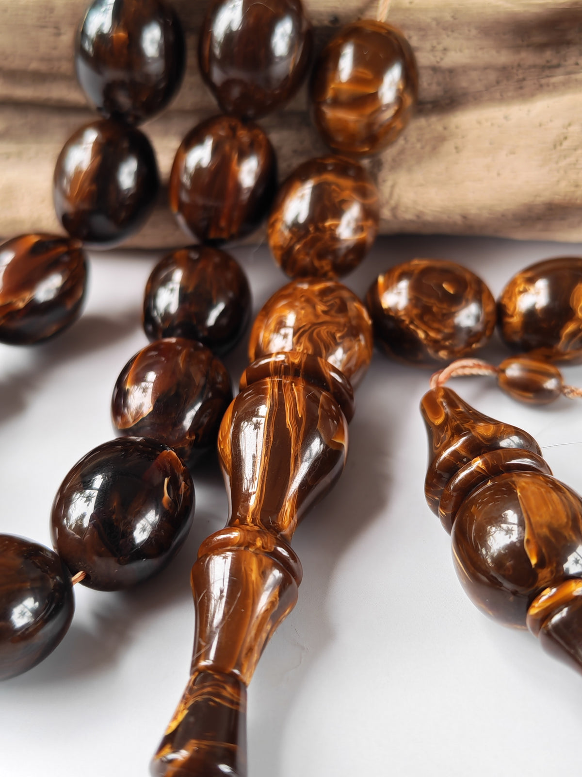 Rare American Bakelite Tasbih | 37 Pigeon Egg Beads | Chocolate Brown With Light Veins