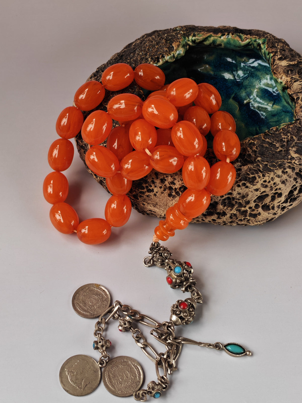 Super Rare German Bakelite Tasbih | 33 Pigeon Egg Beads | Orange with Veins