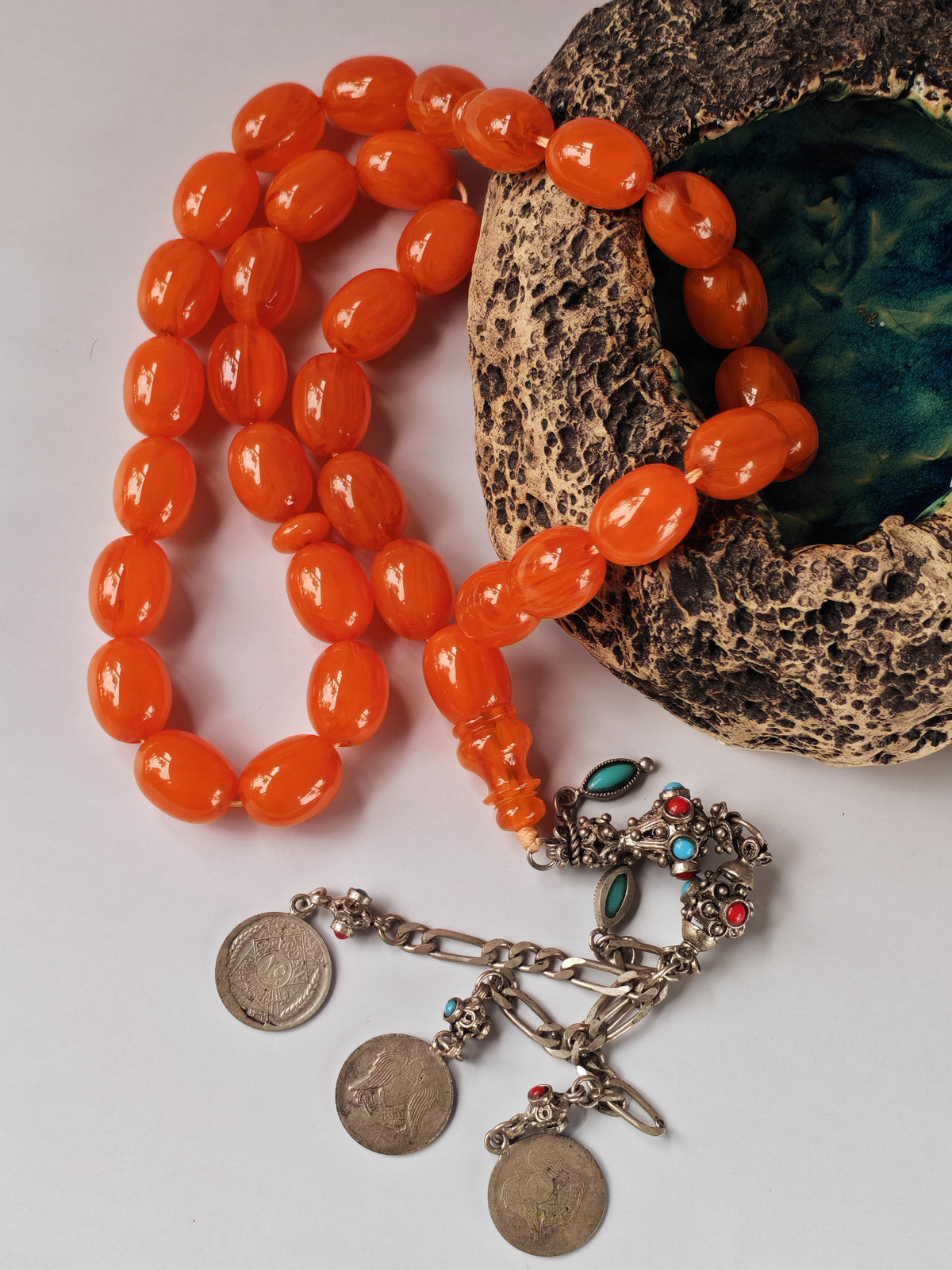 Super Rare German Bakelite Tasbih | 33 Pigeon Egg Beads | Orange with Veins