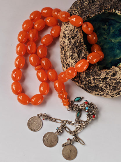 Super Rare German Bakelite Tasbih | 33 Pigeon Egg Beads | Orange with Veins