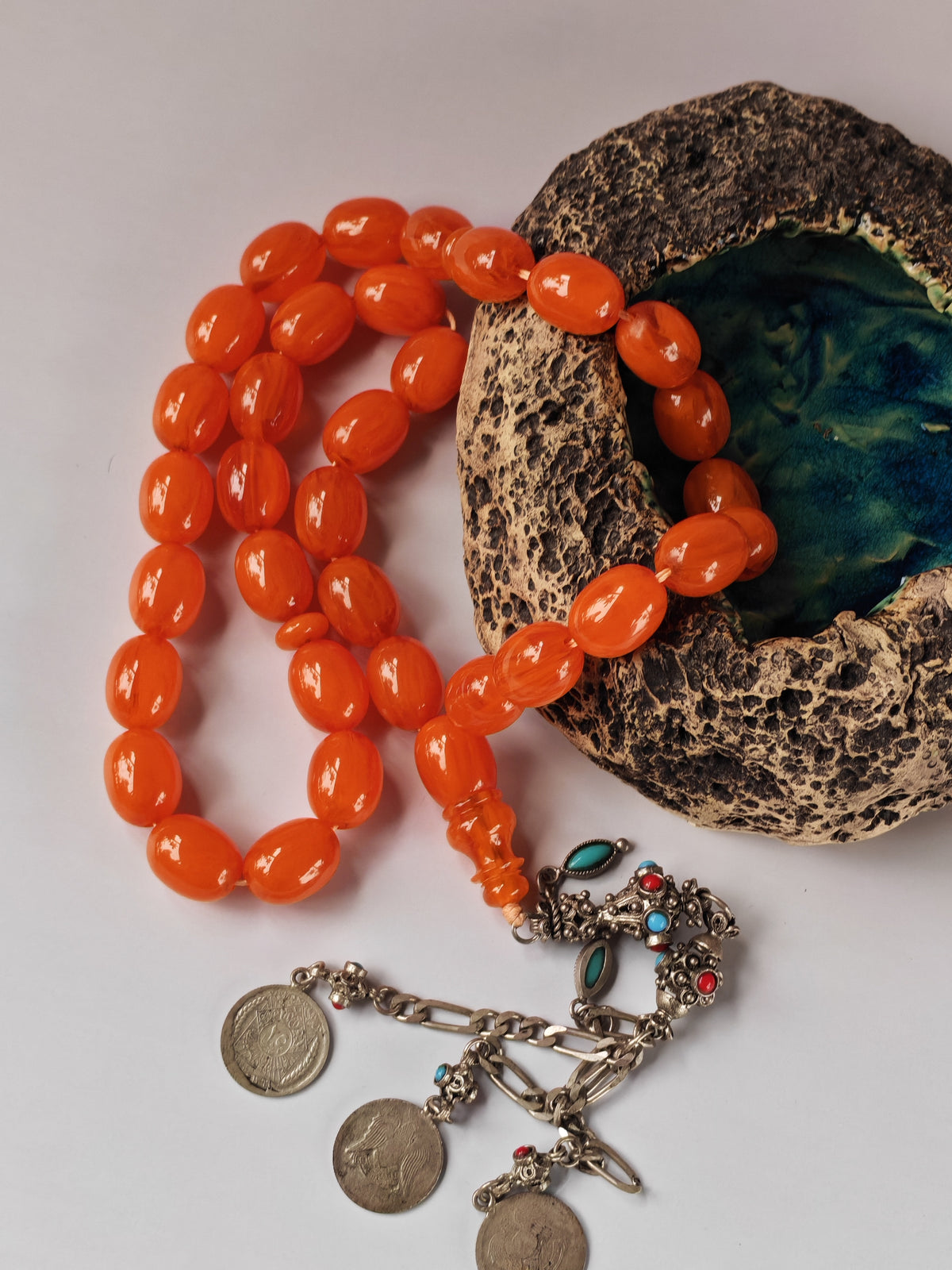 Super Rare German Bakelite Tasbih | 33 Pigeon Egg Beads | Orange with Veins