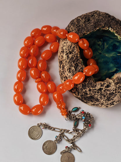 Super Rare German Bakelite Tasbih | 33 Pigeon Egg Beads | Orange with Veins
