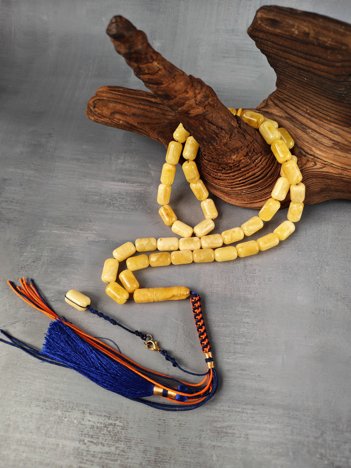 Tiger Baltic Amber Misbah | 45 Barrel Beads | 14 x 8.6mm | Butterscotch | 36.6g