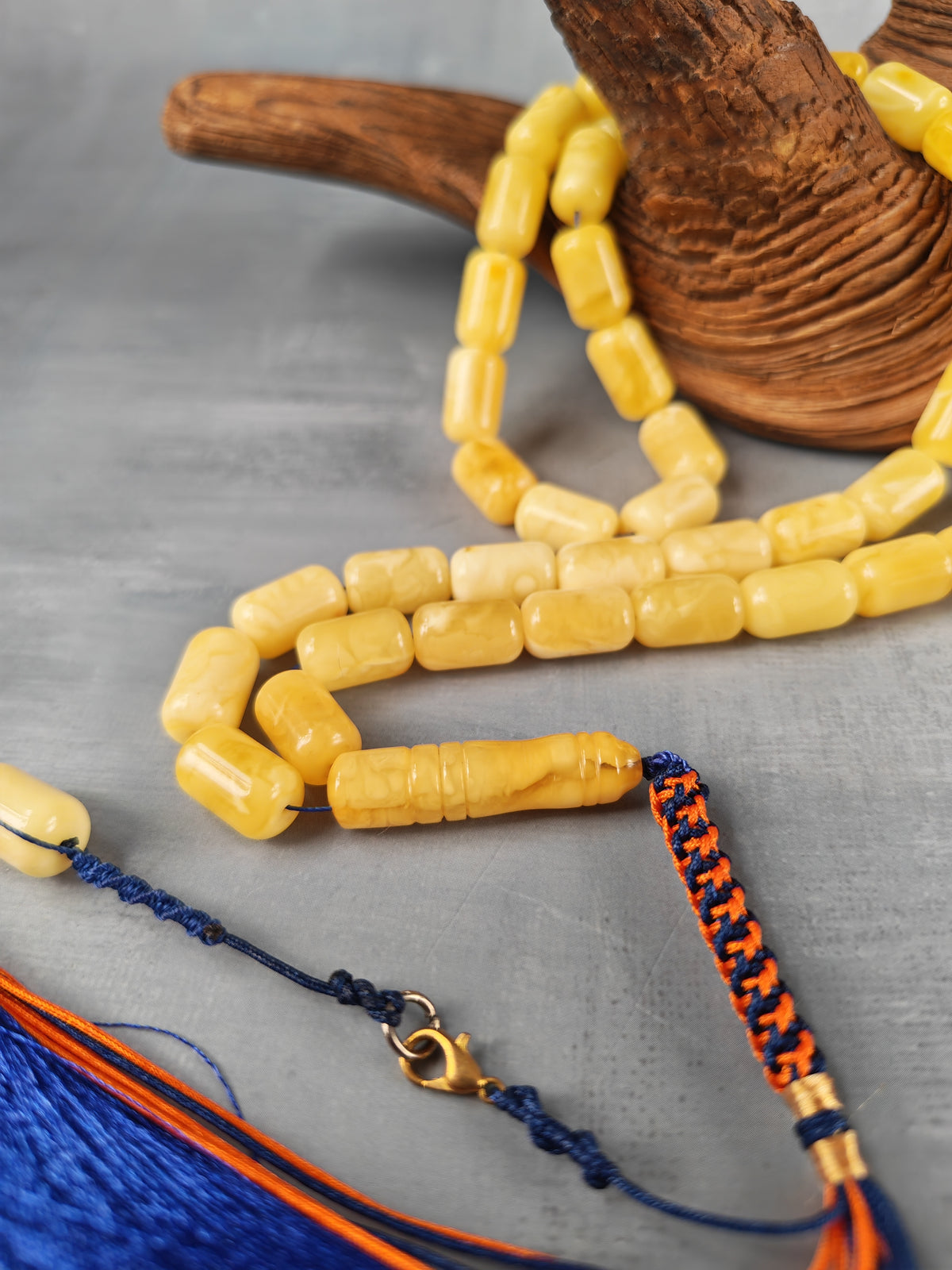 Tiger Baltic Amber Misbah | 45 Barrel Beads | 14 x 8.6mm | Butterscotch | 36.6g